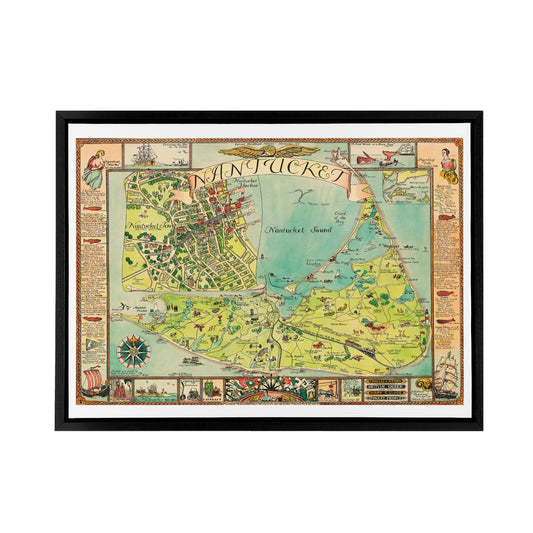 Sutton 1946 Pictorial Map Nantucket Island Black Framed Canvas Art Print
