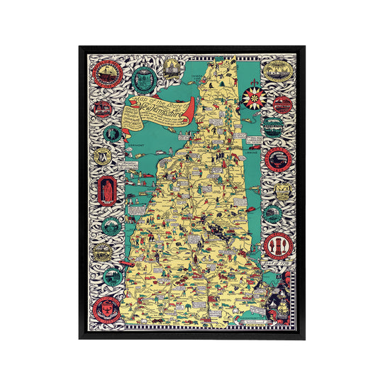Shurtleff 1926 New Hampshire Pictorial Map Black Framed Canvas Art Print