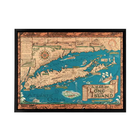 Vintage Map of Long Island New York Black Framed Canvas Wall Art Print