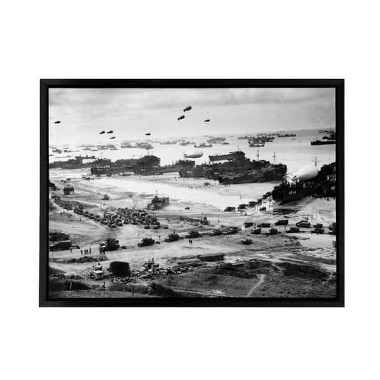 WWII War US Landing Ships Omaha Beach D Day Black Framed Canvas Art Print