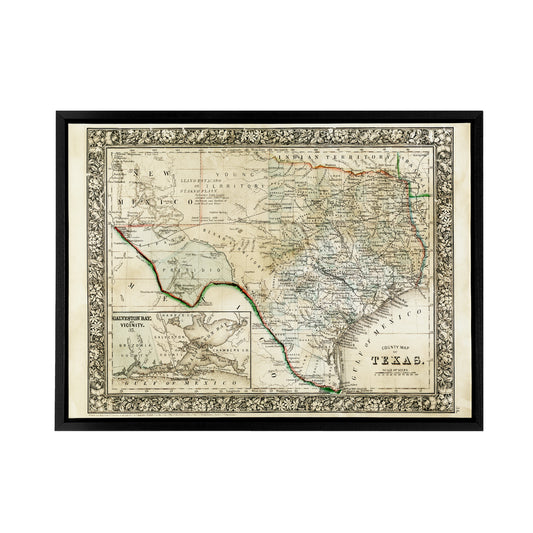Mitchell 1860 Map Texas County USA State Black Framed Canvas Art Print