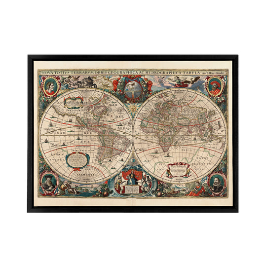 Hondius Pictorial Map 1641 World Hemispheres Black Framed Canvas Wall Art