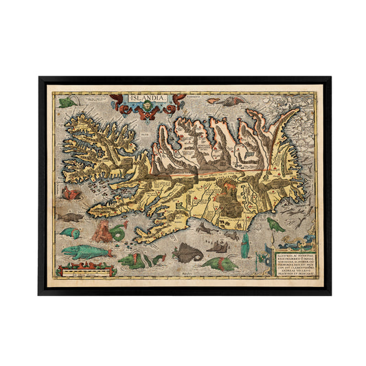1585 Iceland Pictorial Map With Sea Monsters Black Framed Canvas Wall Art