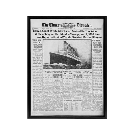 Newspaper Front Page 1912 Titanic Disaster Black Framed Canvas Art Print