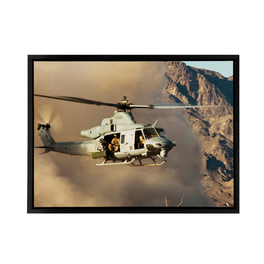 Military USA Marines Helicopter UH 1Y Venom Black Framed Canvas Art Print