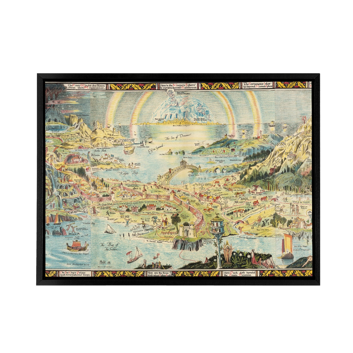Map Sleigh 1918 Ancient Fairyland Fantasy Black Framed Canvas Art Print