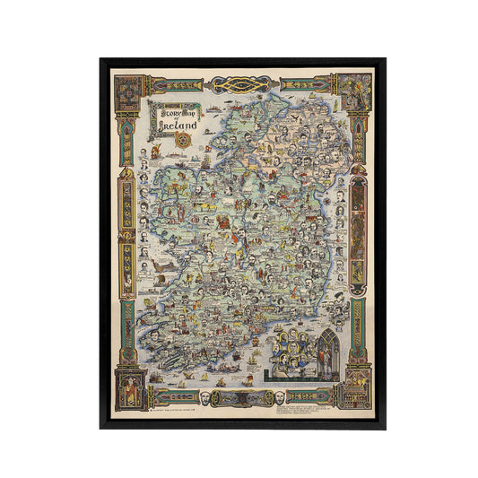 Map Color Text 1936 Story Ireland Black Framed Canvas Wall Art Print