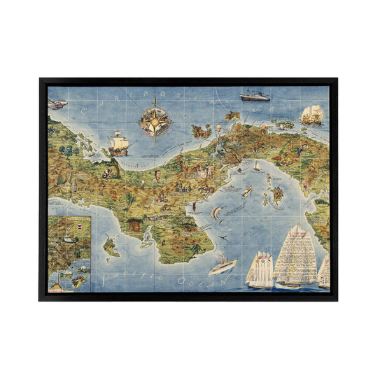 Map Herman 1941 Panama Canal Black Framed Canvas Wall Art Print