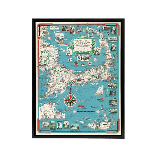 Map vintage Cape Cod Massachusetts Black Framed Canvas Wall Art Print