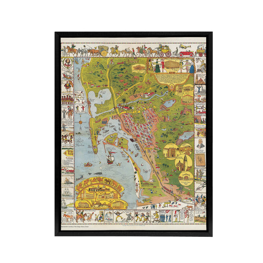 California Map Mora 1928 City San Diego Black Framed Canvas Wall Art Print