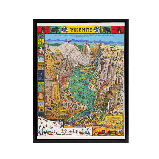 Map Mora 1931 Yosemite Valley Black Framed Canvas Wall Art Print
