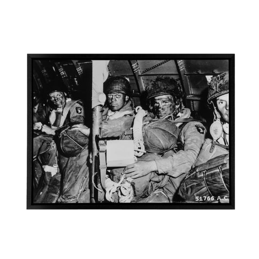 War WWII USA Paratroopers D Day 1944 Black Framed Canvas Wall Art Print