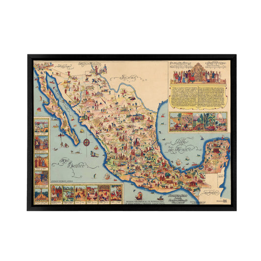Pictorial Map Of Mexico 1931 Vintage Black Framed Canvas Wall Art Print