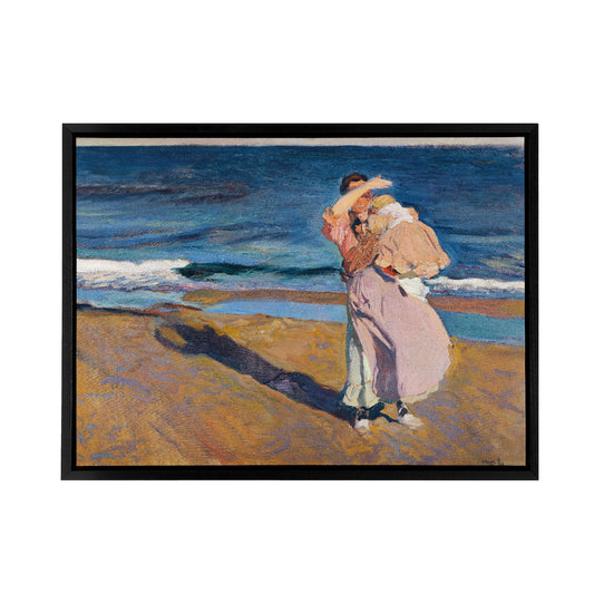 Sorolla Fisherwomen With Her Son Black Framed Canvas Wall Art Print