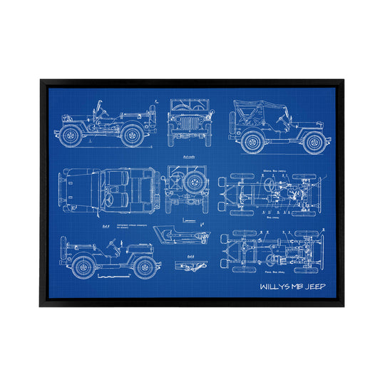 Willys MB US Military Jeep Blueprint Black Framed Canvas Wall Art Print