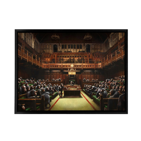 Banksy Devolved Parliament Chimps Black Framed Canvas Wall Art Print
