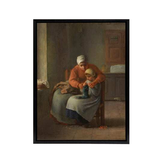 Jean Francois Millet The Knitting Black Framed Canvas Wall Art Print