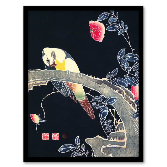 Ito Jakuchu Framed Wall Art Print Parrot on Rose Flower Bush Japanese Home Décor