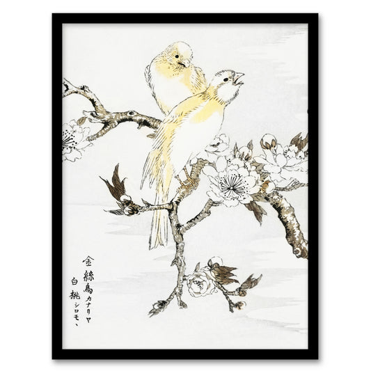 Kashu Framed Wall Art Print Canary and Peach Tree Flowers Japanese Home Décor