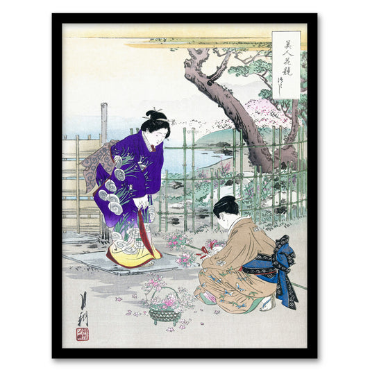 Ogata Gekko Framed Wall Art Print Flower Arranging In The Garden Home Décor