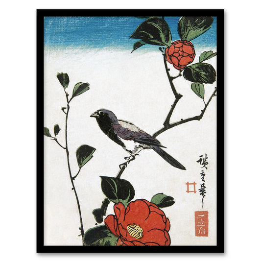 Utagawa Hiroshige Framed Wall Art Japanese Bird On Camellia Branch Home Décor