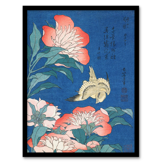 Katsushika Hokusai Framed Wall Art Print Canary and Peony Flowers Home Décor