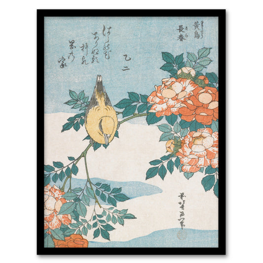 Katsushika Hokusai Framed Wall Art Print Bush Warbler And Roses Home Décor