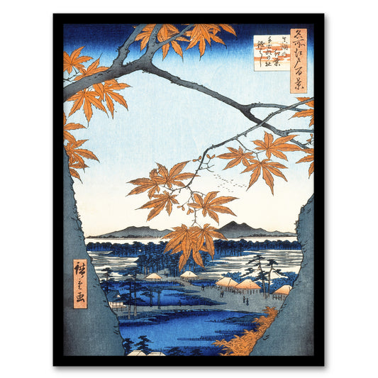 Hiroshige Framed Wall Art Maple Trees Tekona Shrine and Linked Bridge Home Décor