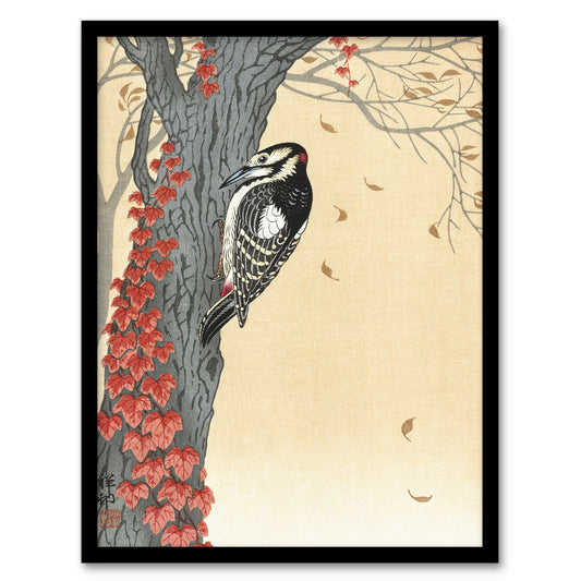 Koson Framed Wall Art Great Spotted Woodpecker on Tree With Red Ivy Home Décor