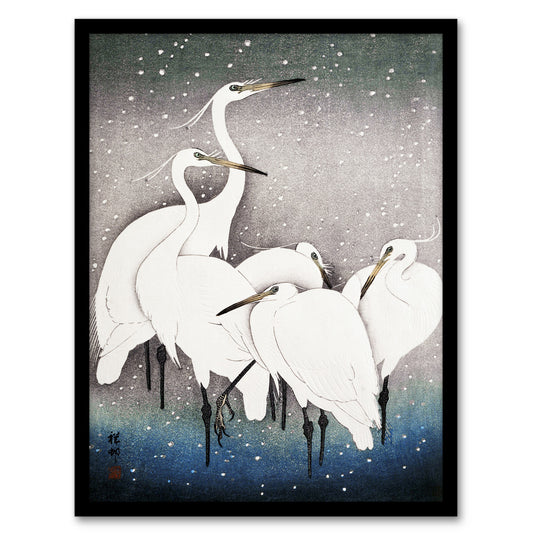 Ohara Koson Framed Wall Art Print Group Of Egrets in Falling Snow Home Décor