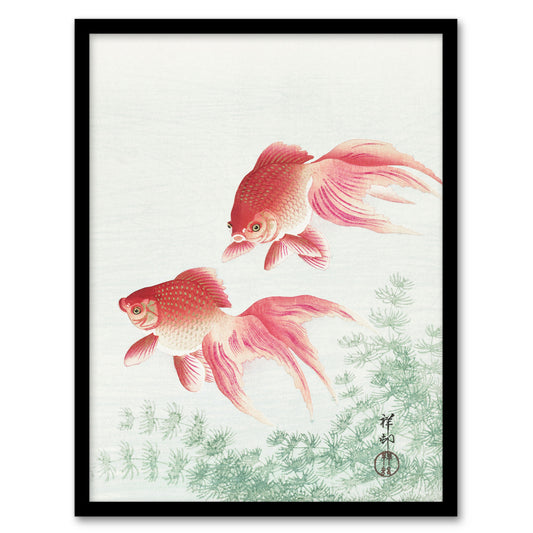 Ohara Koson Framed Wall Art Print Two Veiltail Goldfish in Pond Home Décor