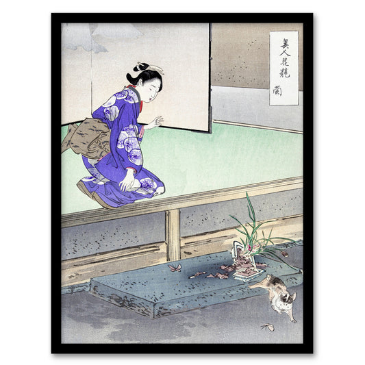 Ogata Gekko Framed Wall Art Print Orchid Broken Plant Pot and Cat Home Décor