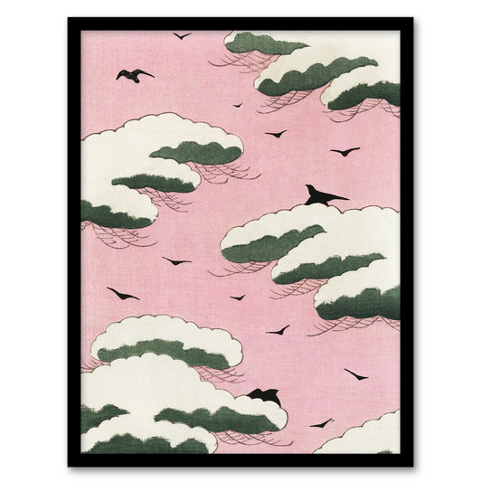 Shin Bijutsukai Framed Wall Art Print Pink Sky With Clouds and Birds Home Décor