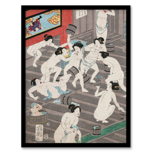 Toyohara Kunichika Framed Wall Art Print Fight In Womens Public Bath Home Décor