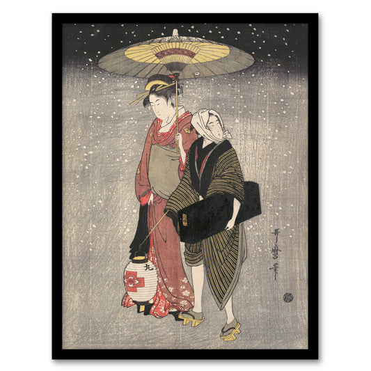 Kitagawa Framed Wall Art Print Geisha Walking Through Snow At Night Home Décor
