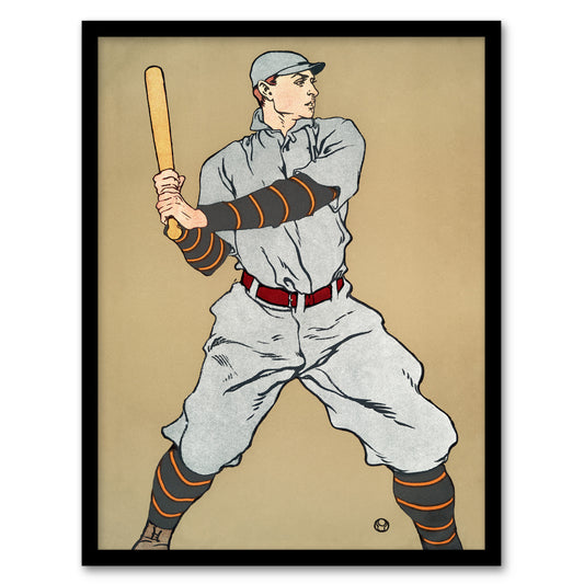 Edward Penfield Framed Wall Art Print Vintage Baseball Player Drawing Home Décor