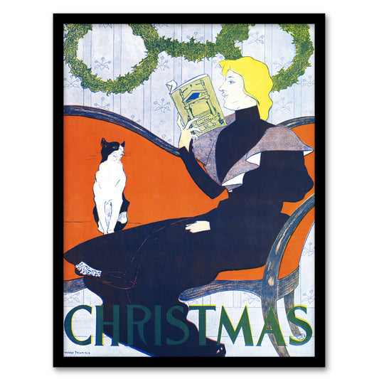 Edward Penfield Framed Wall Art Vintage Christmas Woman With Cat Home Décor