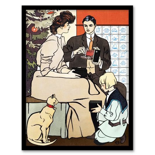 Edward Penfield Framed Wall Art Print Vintage Christmas Family Scene Home Décor