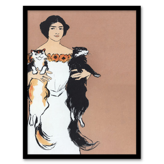 Edward Penfield Framed Wall Art Print Woman Holding Two Cats Drawing Home Décor
