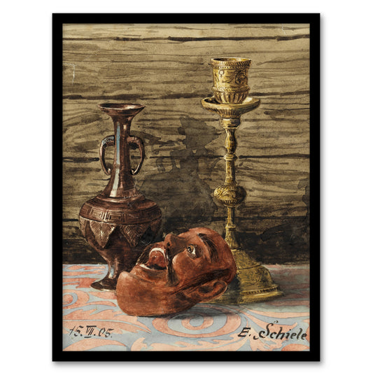 Egon Schiele Framed Wall Art Candlestick Vase and Mask Still Life Home Décor