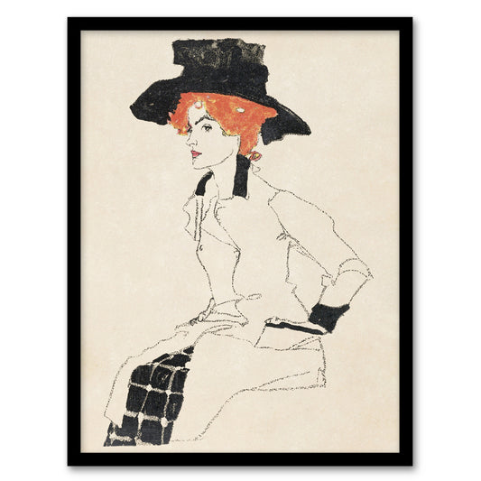 Egon Schiele Framed Wall Art Print Portrait of a Woman with Black Hat Home Décor
