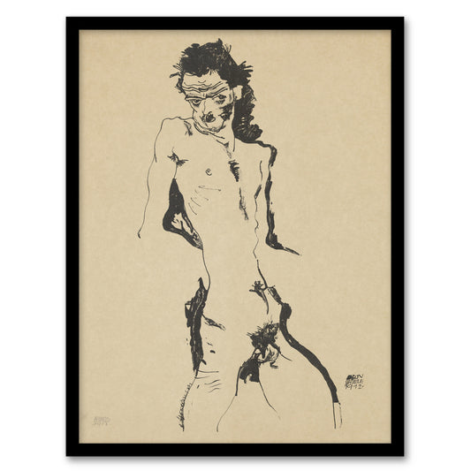 Egon Schiele Framed Wall Art Print Male Nude Self Portrait Sketch Home Décor