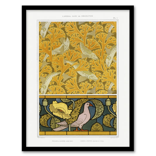 Maurice Pillard Verneuil Framed Wall Art Poppy Pigeon and Coral Fish Patterns