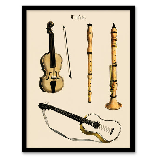 Musical Instruments Framed Wall Art Print Violin Guitar and Flutes Home Décor