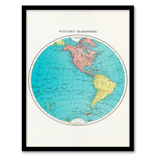 Rand McNally and Co Framed Wall Art Print Western Hemisphere 1908 Map Home Décor