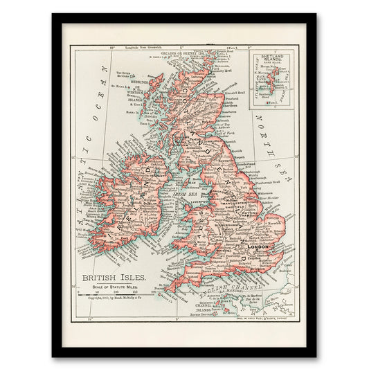 Rand Mcnally and Co Framed Wall Art Vintage 1900 British Isles Map Home Décor