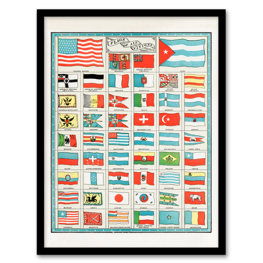 Vintage 1901 Framed Wall Art Print Flags of All Nations of the World Home Décor