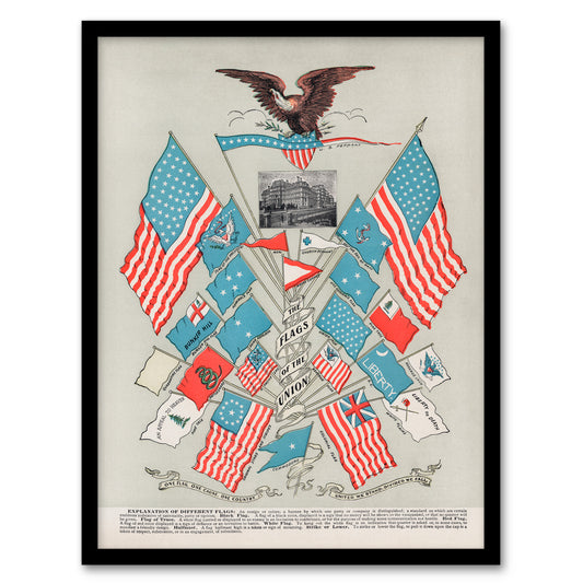 Vintage 1901 Framed Wall Art Print Flags of the American Union Home Décor