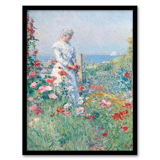 Childe Hassam Framed Wall Art Celia in Her Garden Floral Portrait Home Décor