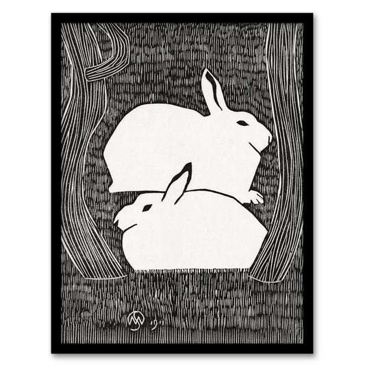 Samuel J De Mesquita Framed Wall Art Print Two Stylised Snow Hares Home Décor